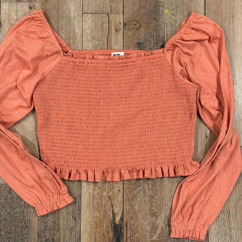 SO Juniors' Long-Sleeve Smocked Square-Neck Puff Sleeve Ruffle Crop Top Coral